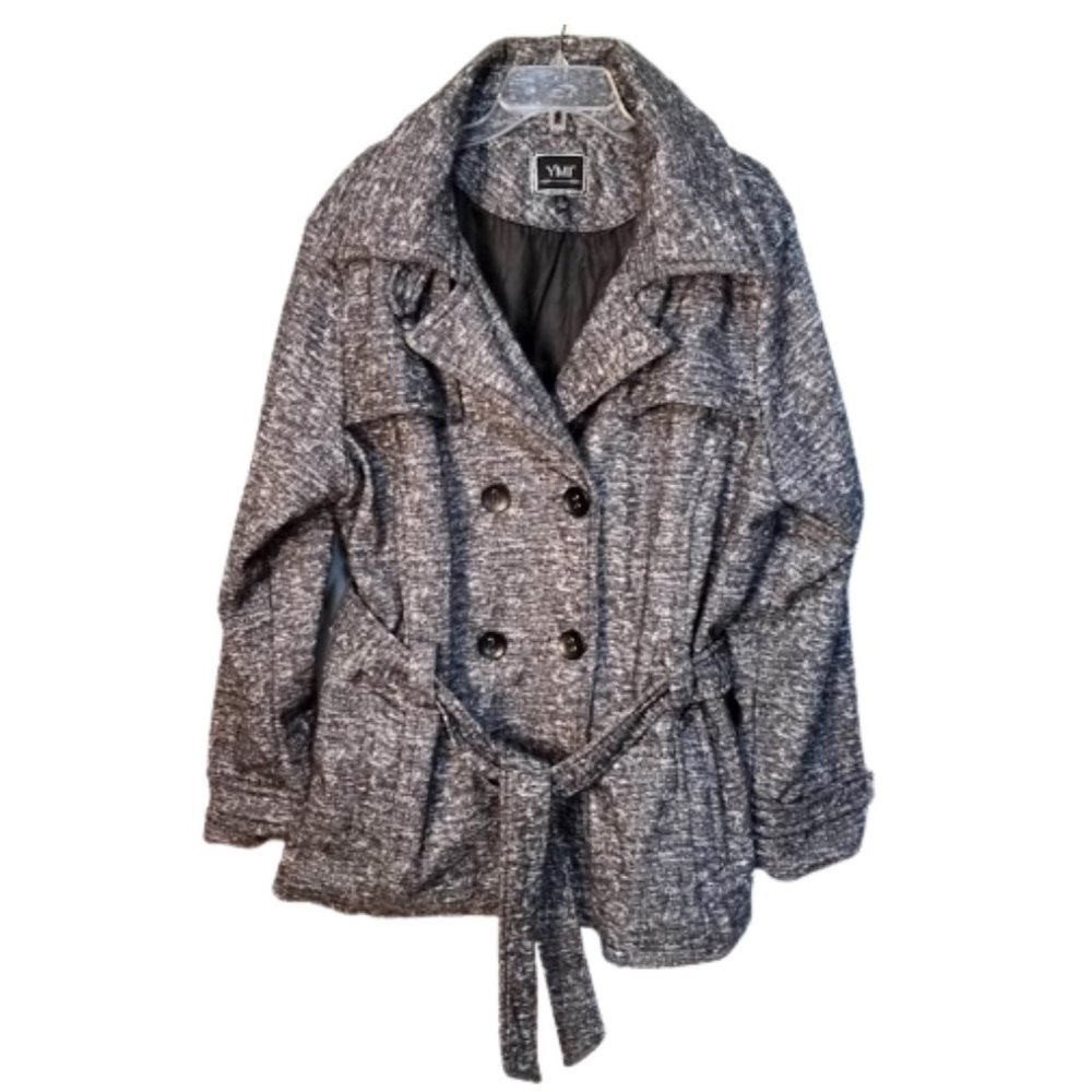 YMI Heathered Gray & White Lined Button Coat With Belt & Pockets - Women's 2X